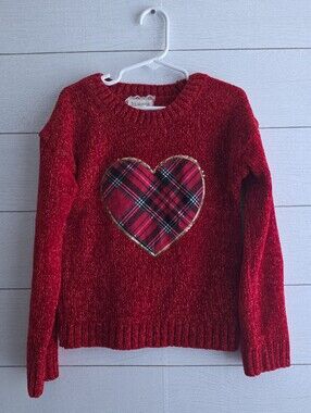 Btween Girls Chenille Red Sweater Plaid Sequin Heart Metallic Gold Size 7 Girls
